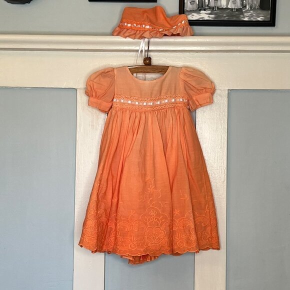 Custom Dyed Orange Ombre Dress with Lace & Ribbon Trim Skinny Sash & Bonnet - Picture 6 of 7